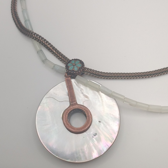 Avon Multi Strand Mother Of Pearl Bronze Pendant Necklace Boho Peasant Western - Picture 8 of 14